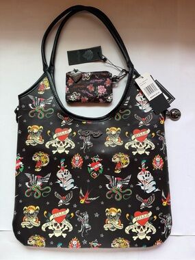 Ed Hardy Black Tattoo-Print Shoulder Bag with Matching Coin Pouch